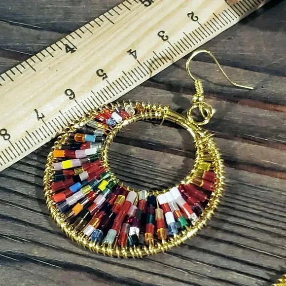 Beaded Red Multi Tiny Glass Beads Gogo Gold Tone Hoop Earrings - Picture 8 of 8